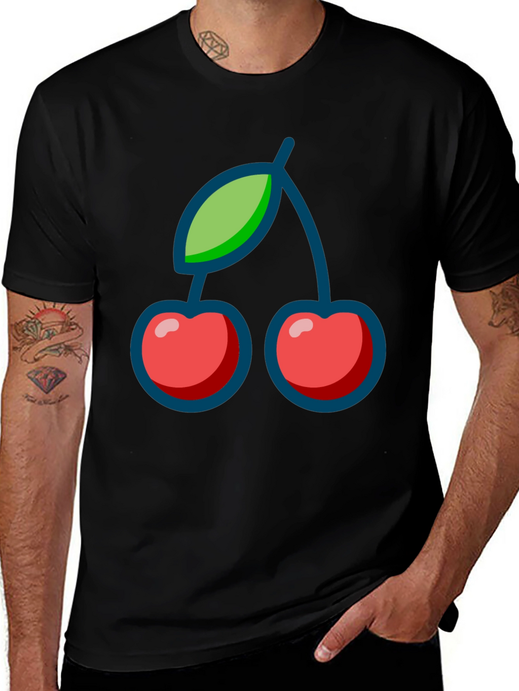Cherry Graphic Print Black T-Shirt