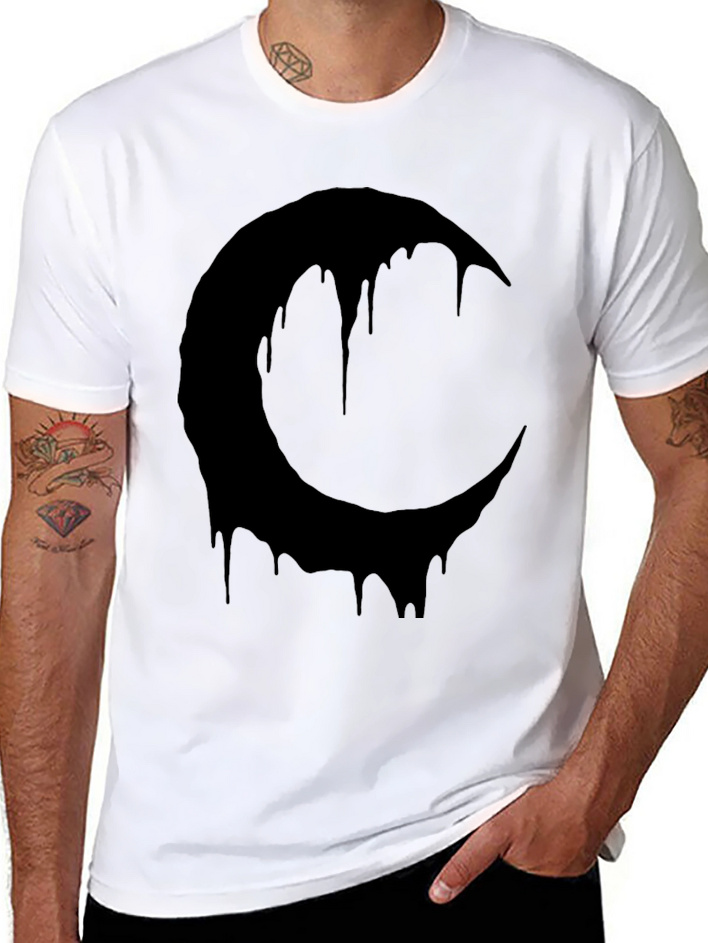 Melting Crescent Moon Graphic Tee - Black Cotton T-Shirt
