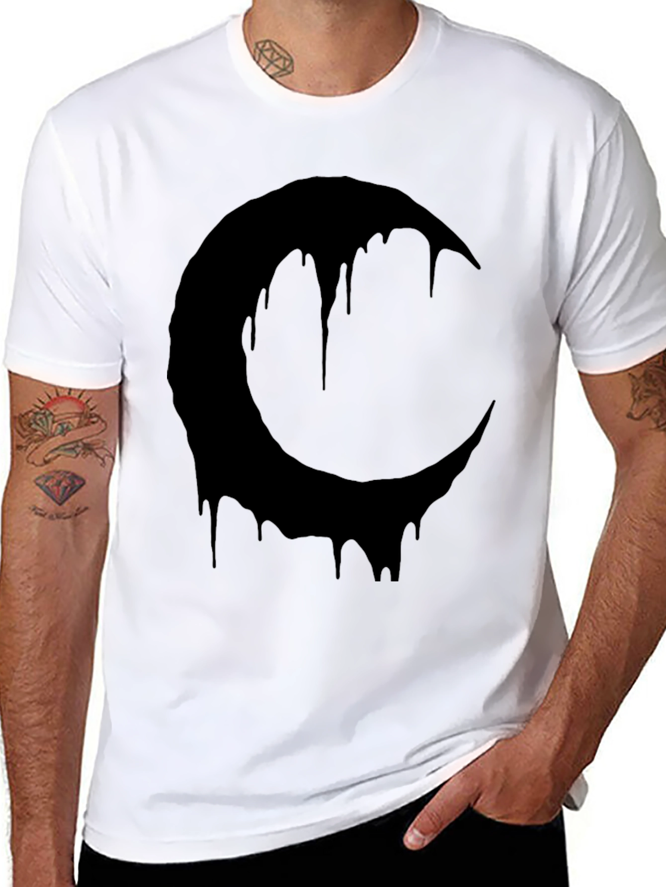 Melting Crescent Moon Graphic Tee - Black Cotton T-Shirt