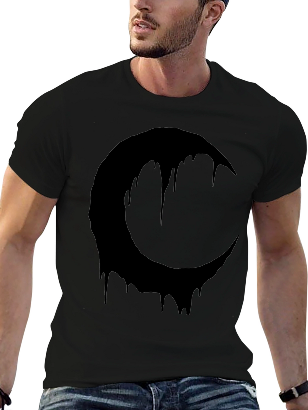 Melting Crescent Moon Graphic Tee - Black Cotton T-Shirt