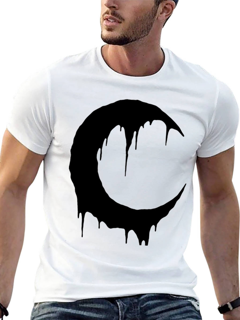 Melting Crescent Moon Graphic Tee - Black Cotton T-Shirt