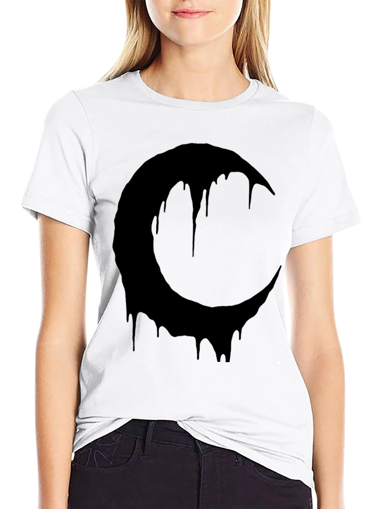 Melting Crescent Moon Graphic Tee - Black Cotton T-Shirt
