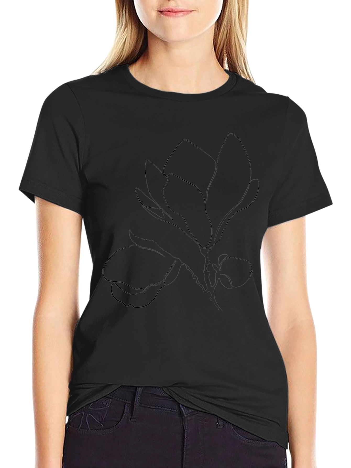 Black T-Shirt with Botanical Line Art