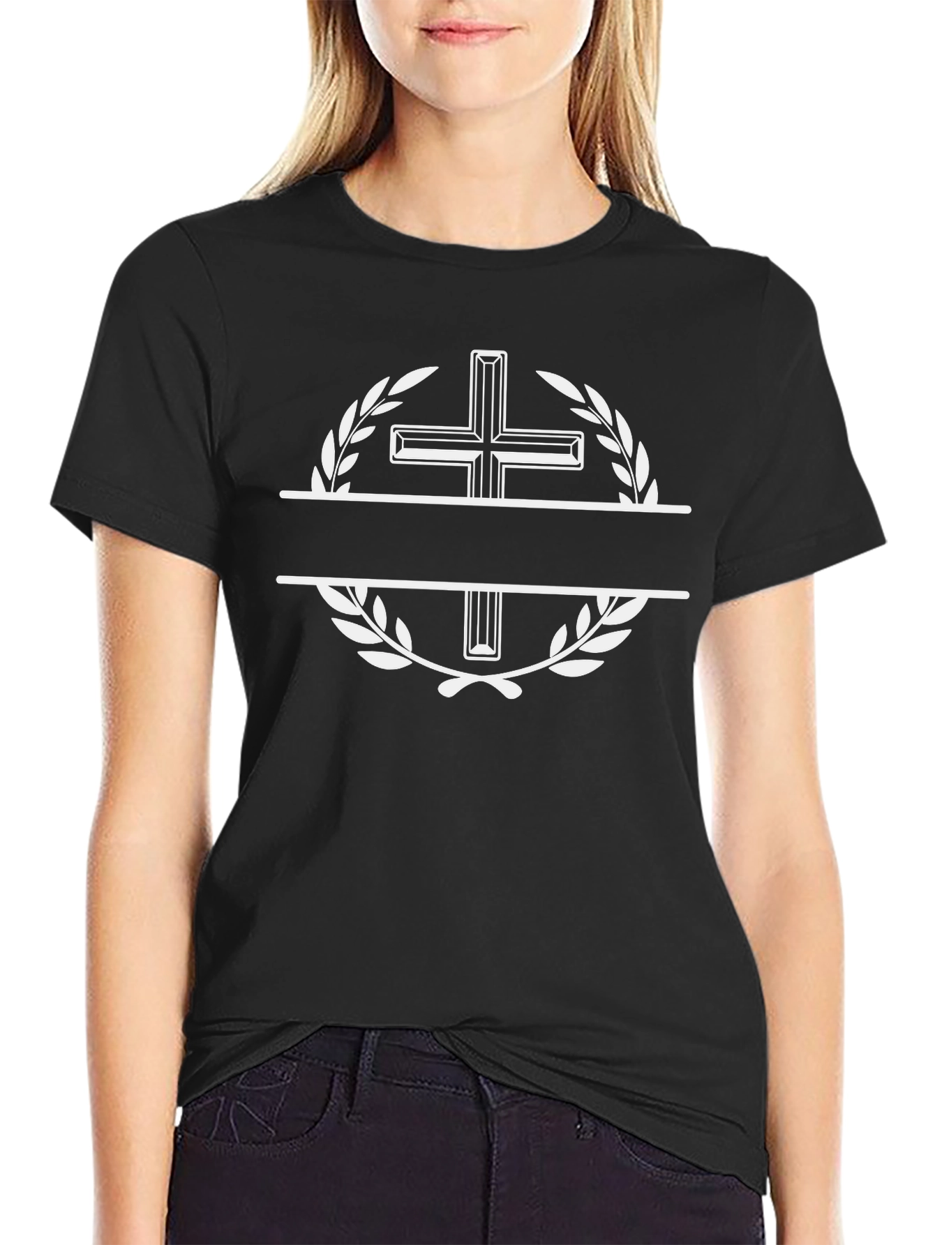 Elegant Cross Wreath Black T-Shirt