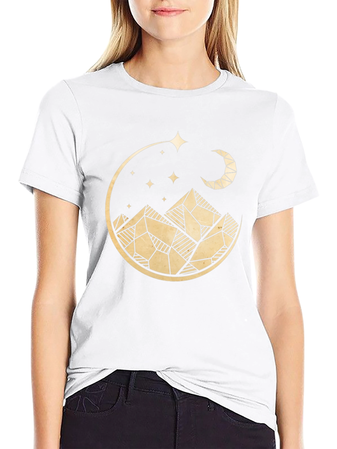 Geometric Mountain & Moon T-Shirt - Black