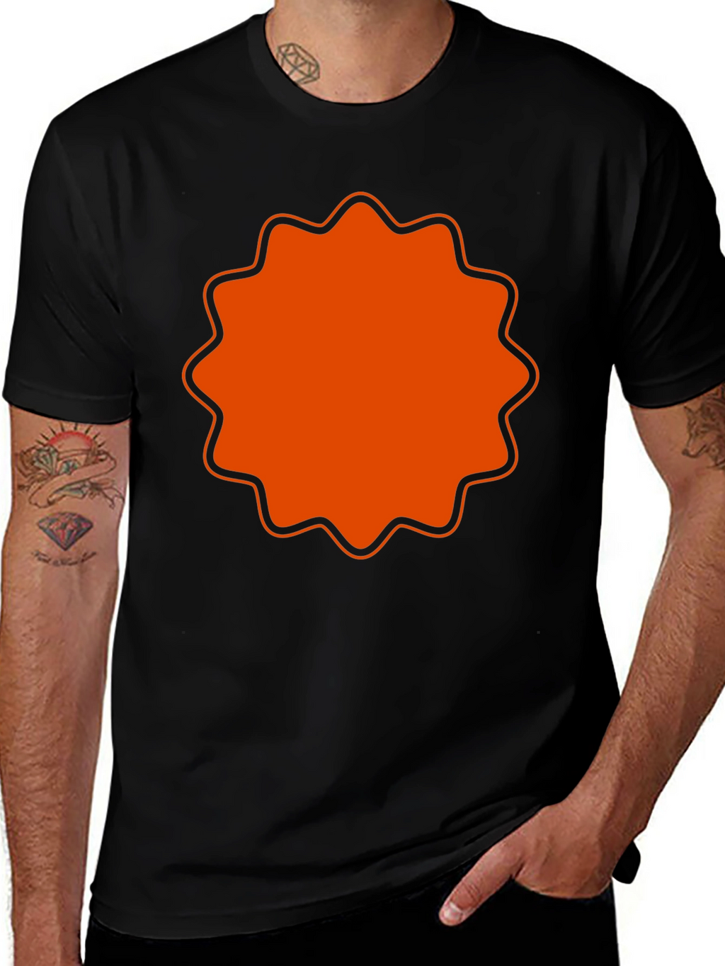 Mens Black T-Shirt with Orange Starburst Design