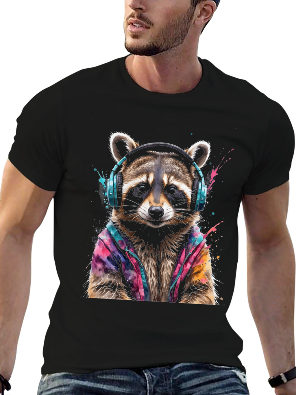 Cool Raccoon in Headphones Black T-Shirt