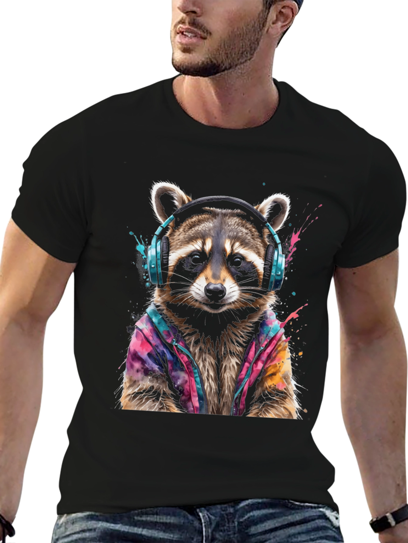 Cool Raccoon in Headphones Black T-Shirt
