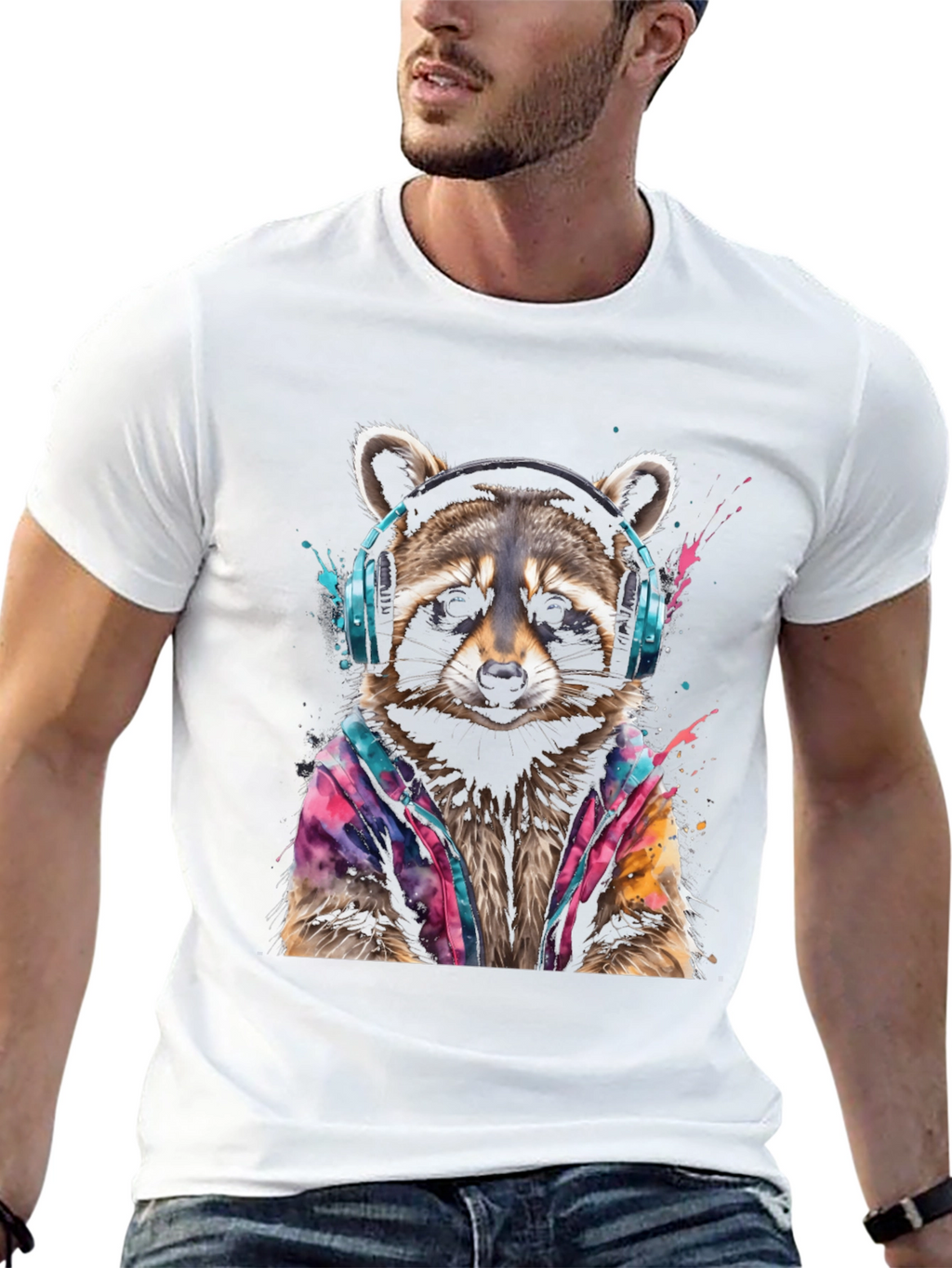 Cool Raccoon in Headphones Black T-Shirt