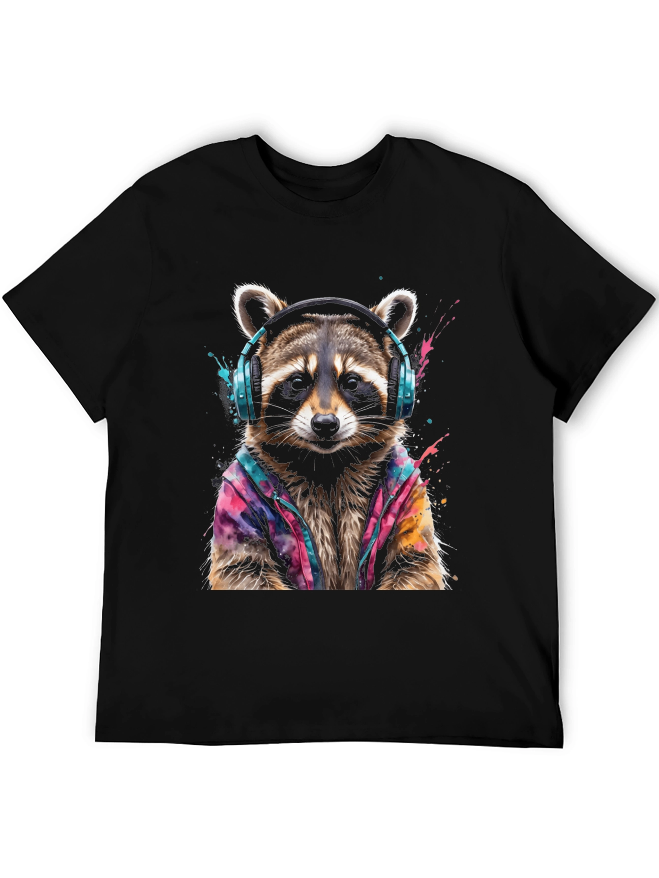 Cool Raccoon in Headphones Black T-Shirt