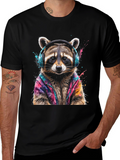 Cool Raccoon in Headphones Black T-Shirt