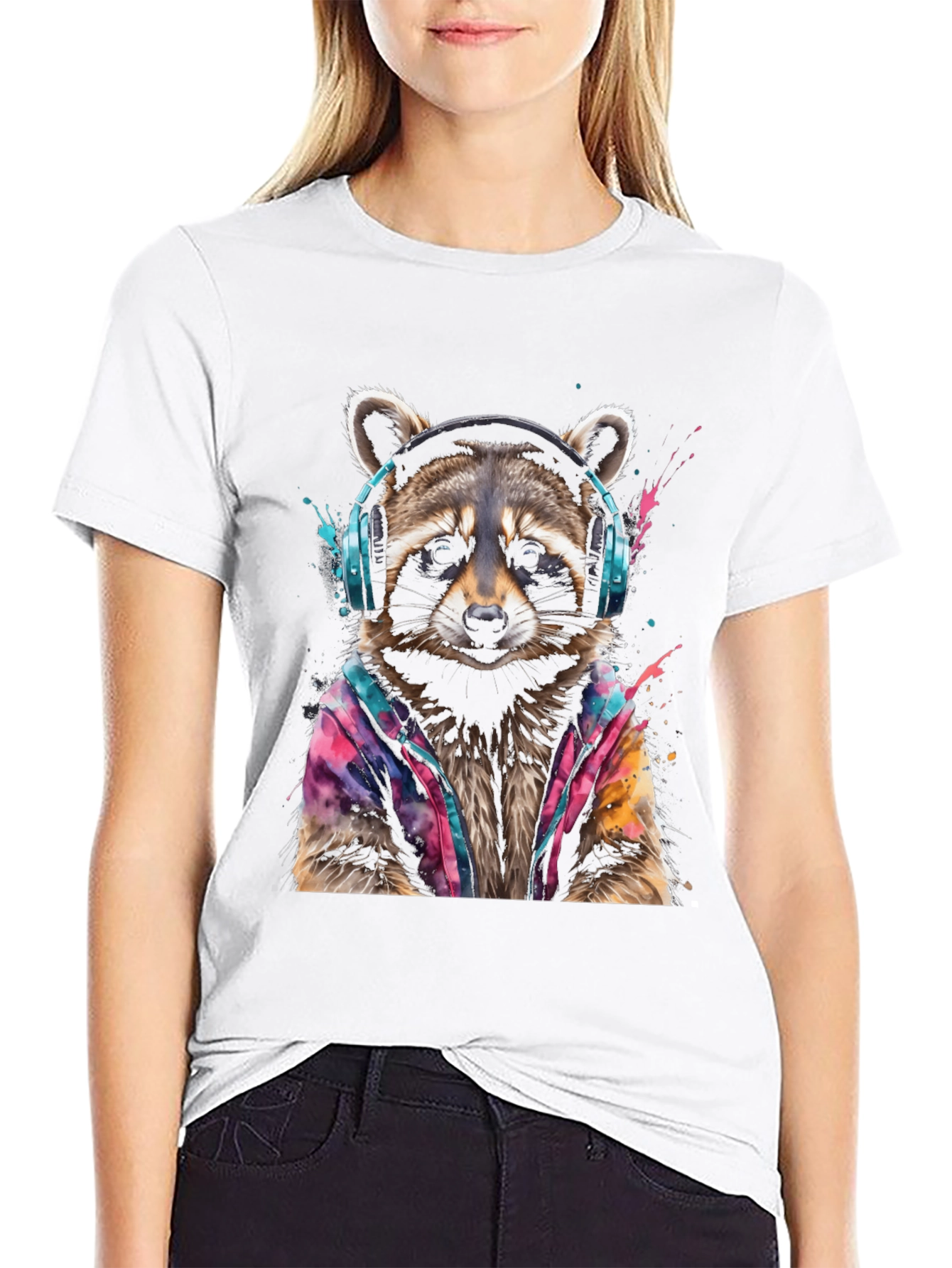 Cool Raccoon in Headphones Black T-Shirt