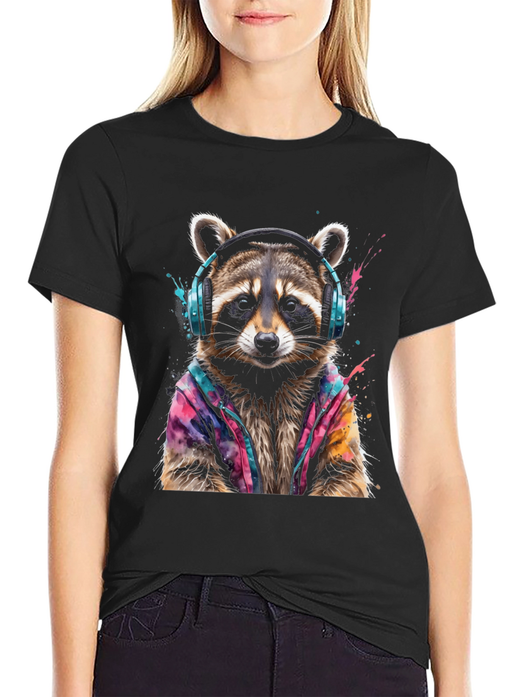 Cool Raccoon in Headphones Black T-Shirt