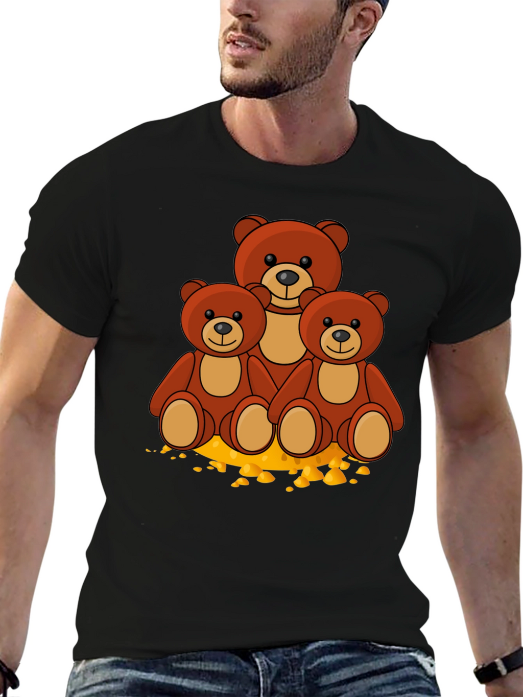 Cute Bear Family Graphic Print Black T-Shirt