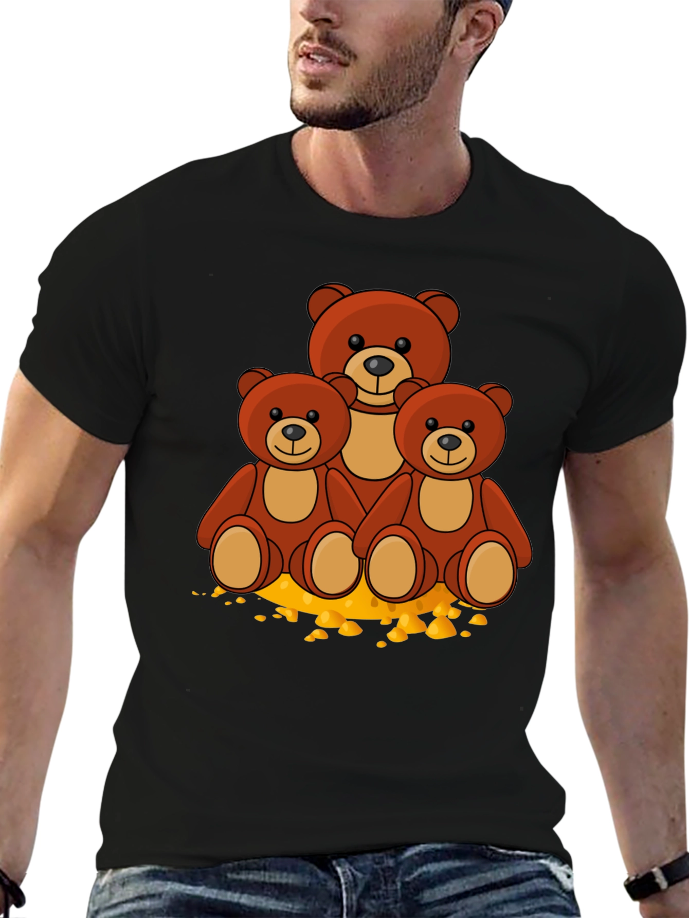 Cute Bear Family Graphic Print Black T-Shirt