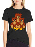 Cute Bear Family Graphic Print Black T-Shirt