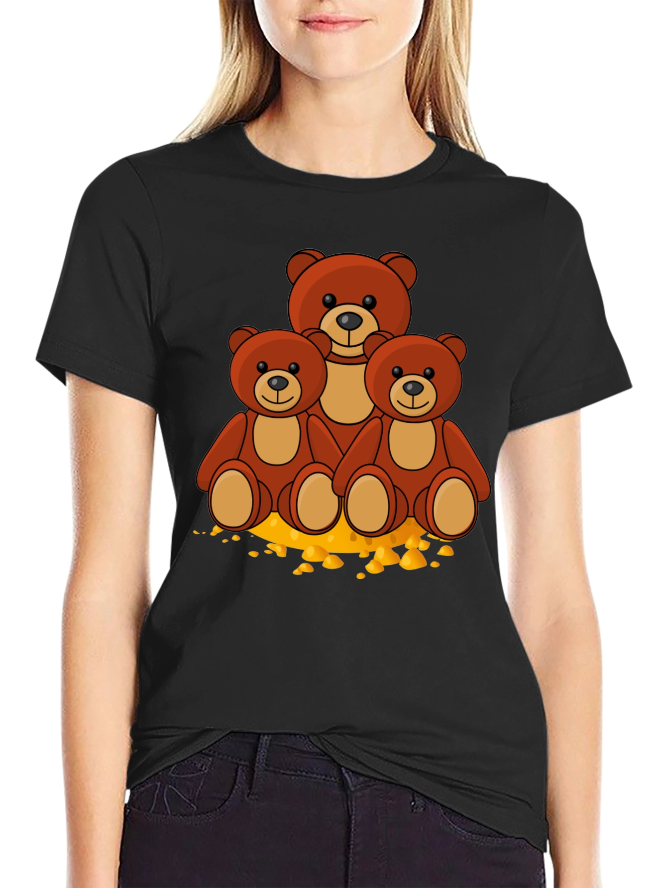 Cute Bear Family Graphic Print Black T-Shirt