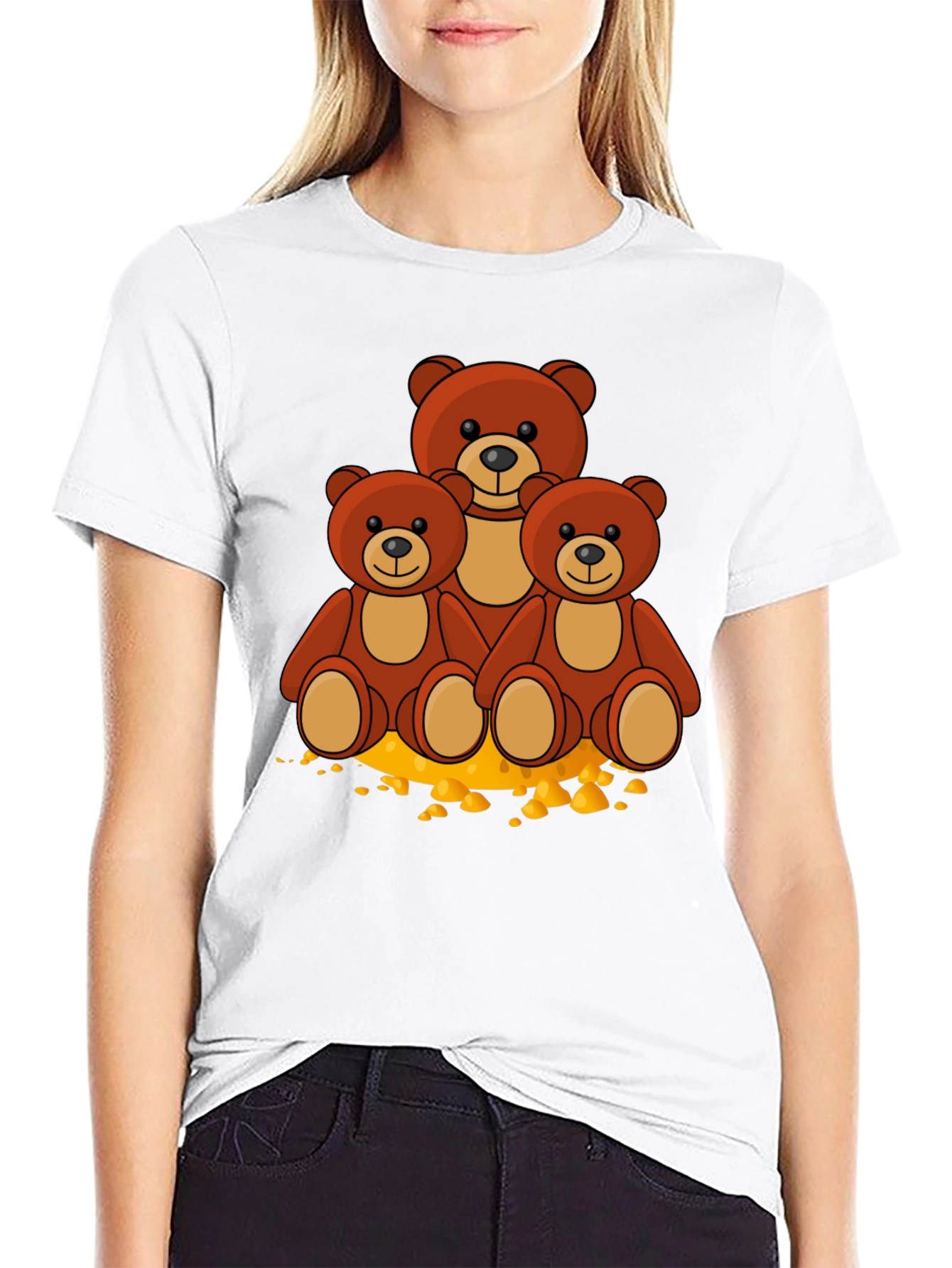 Cute Bear Family Graphic Print Black T-Shirt