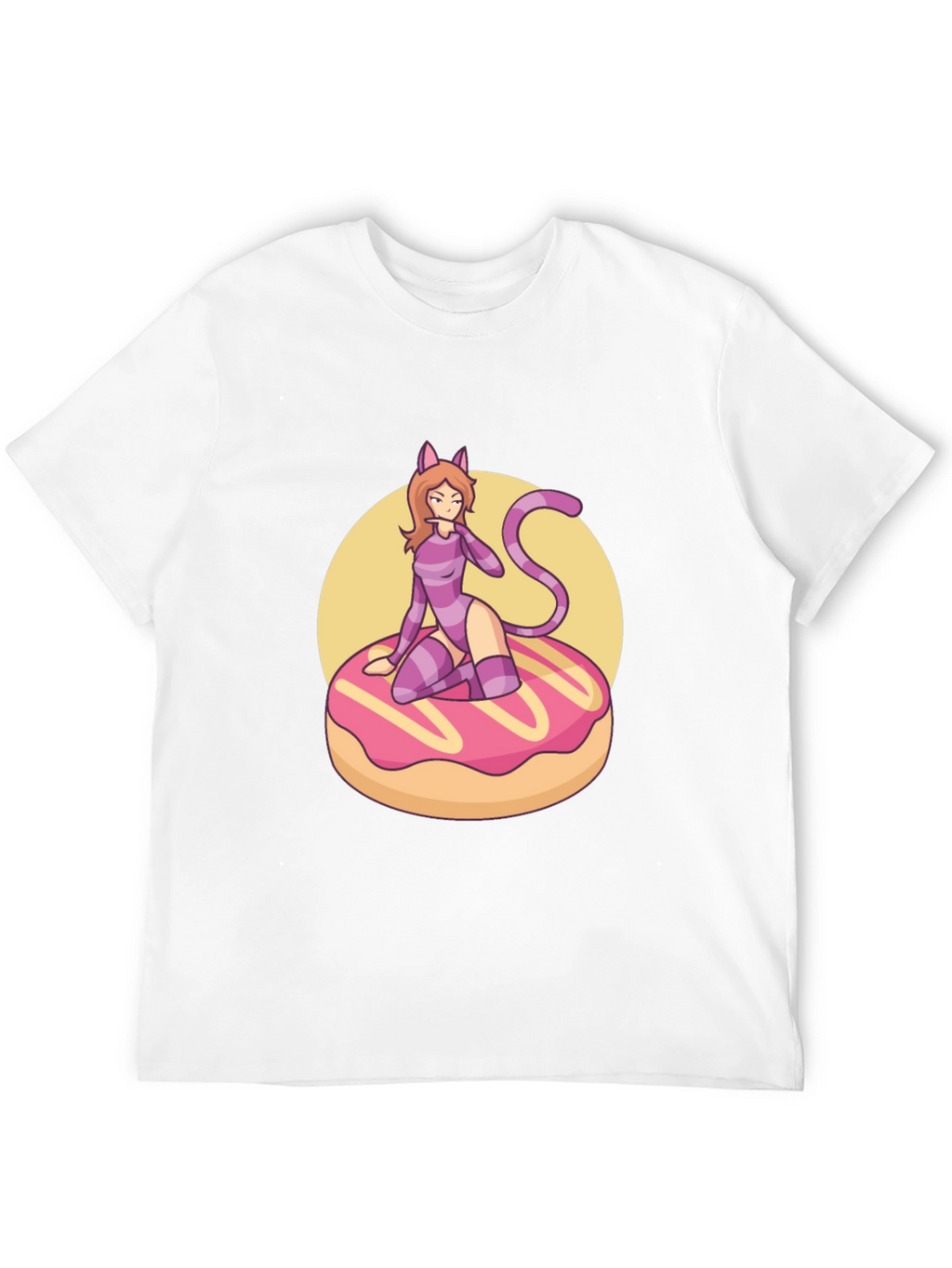 Black T-Shirt with Cat Girl on Donut Design