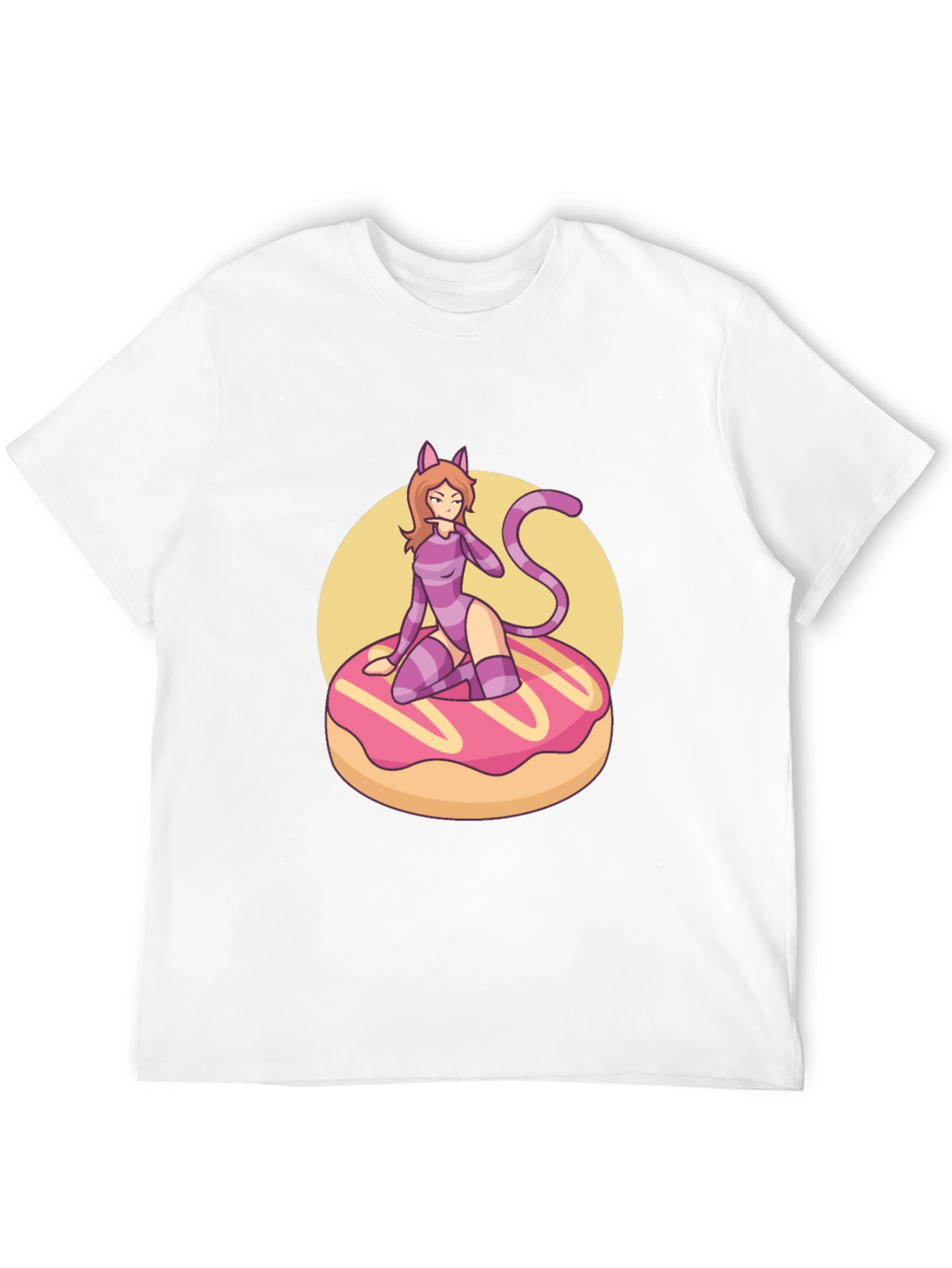 Black T-Shirt with Cat Girl on Donut Design