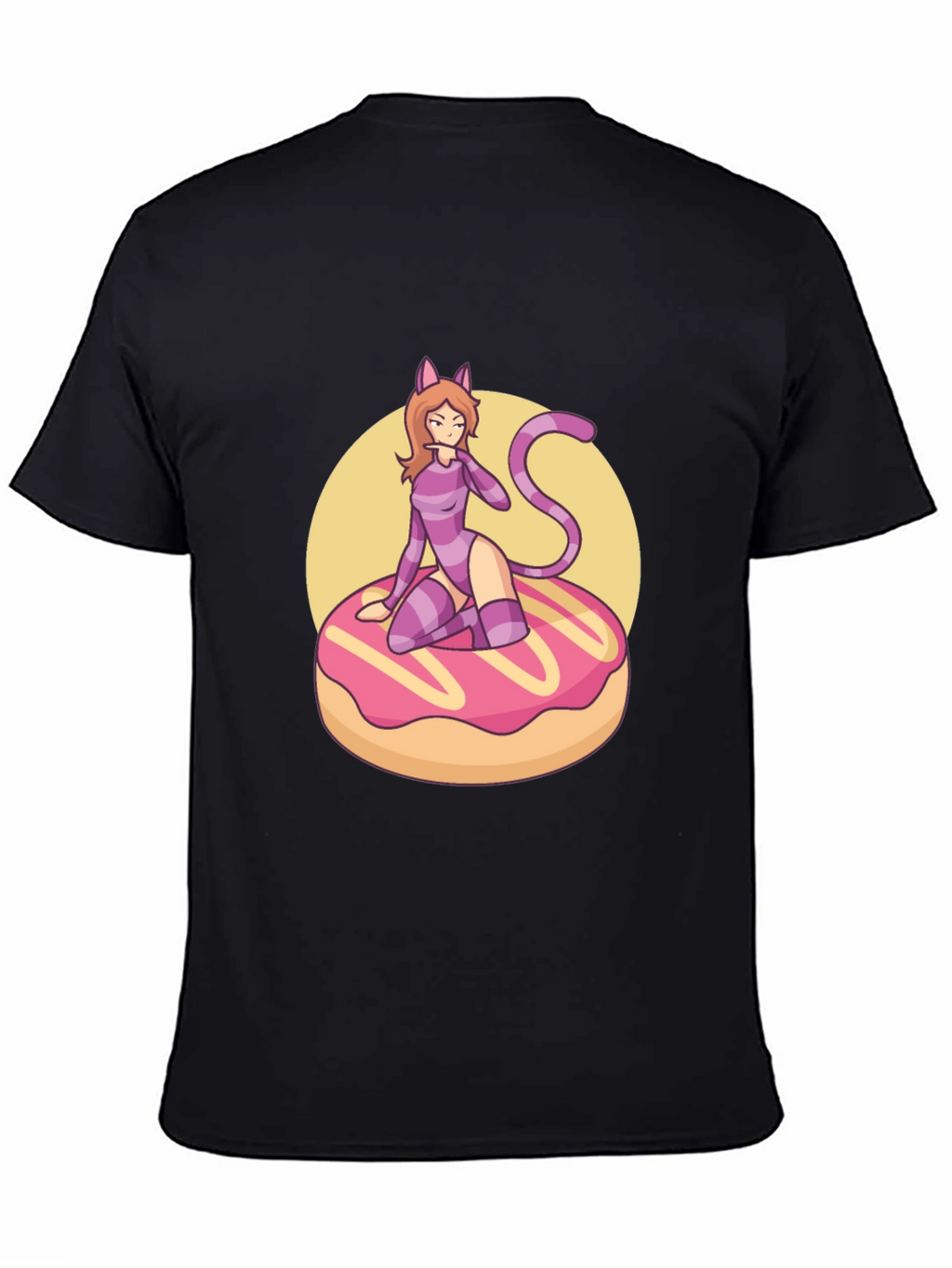 Black T-Shirt with Cat Girl on Donut Design