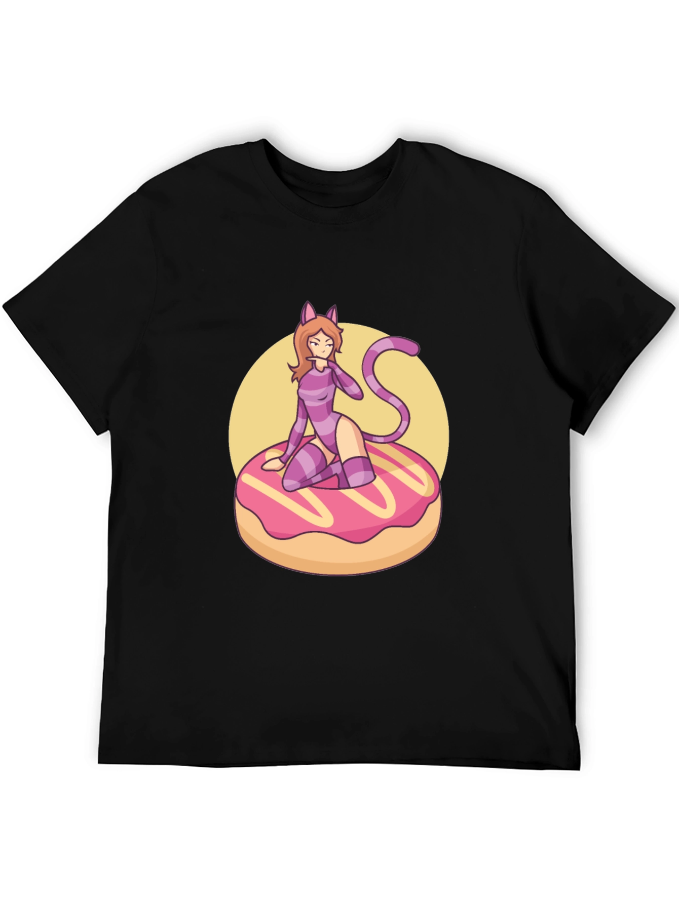 Black T-Shirt with Cat Girl on Donut Design
