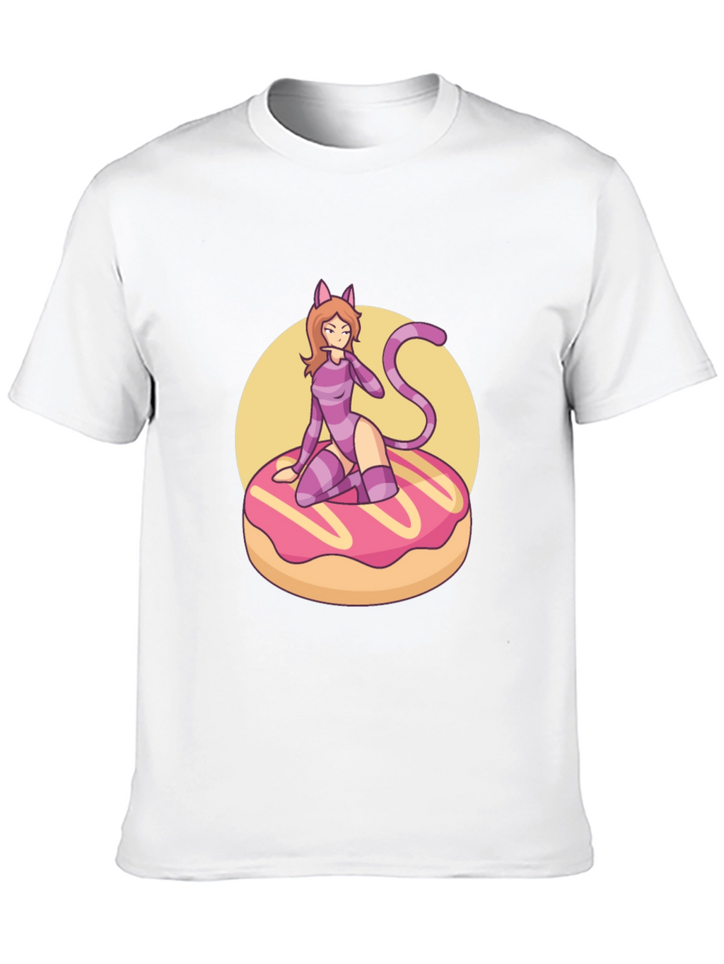 Black T-Shirt with Cat Girl on Donut Design