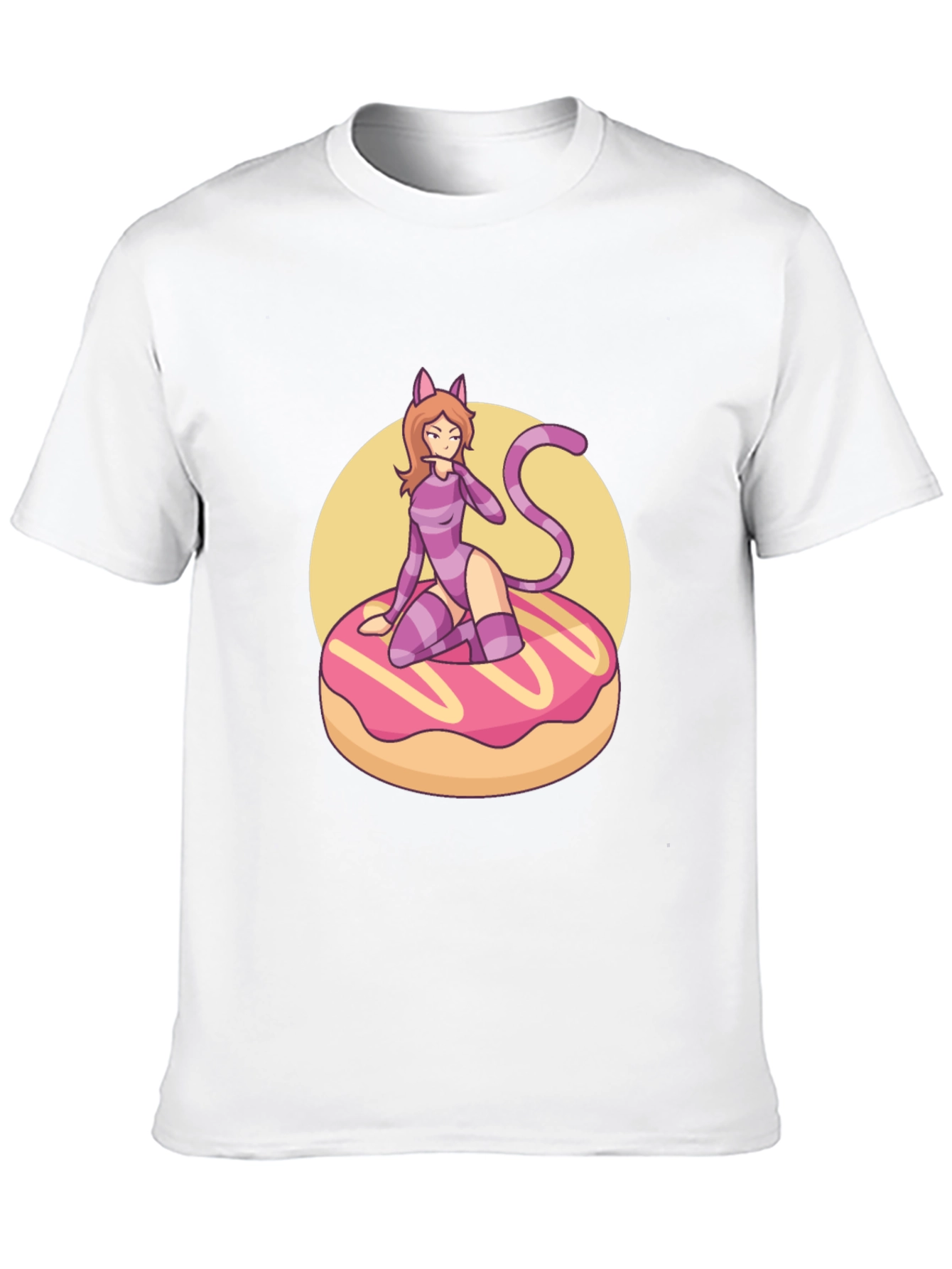 Black T-Shirt with Cat Girl on Donut Design