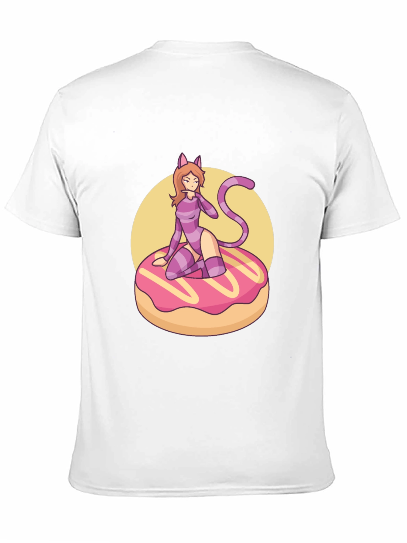 Black T-Shirt with Cat Girl on Donut Design