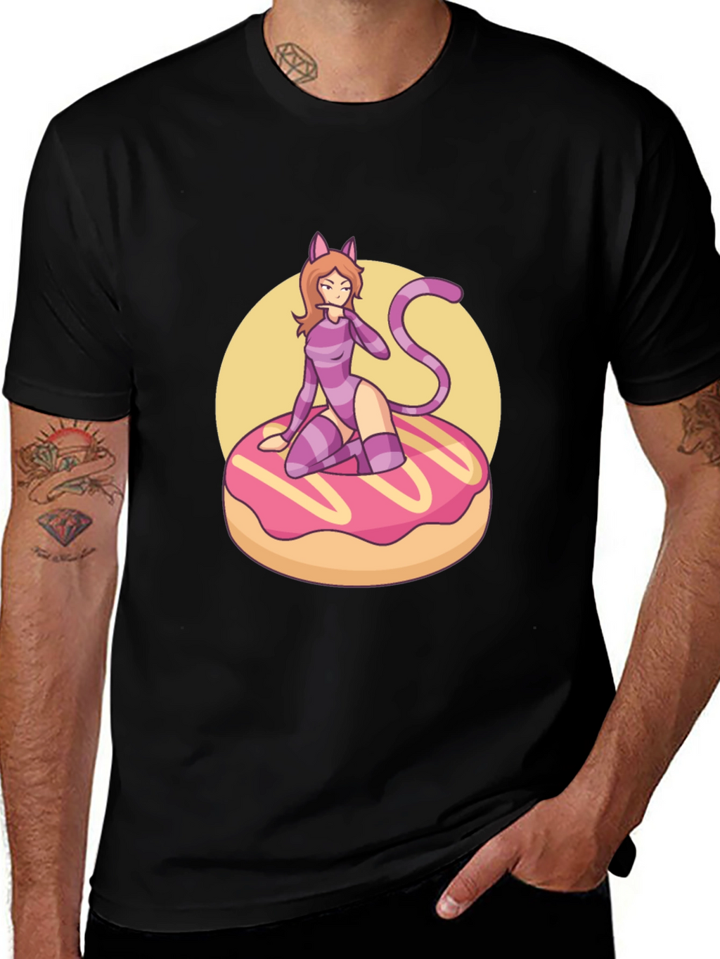 Black T-Shirt with Cat Girl on Donut Design