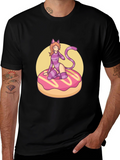 Black T-Shirt with Cat Girl on Donut Design
