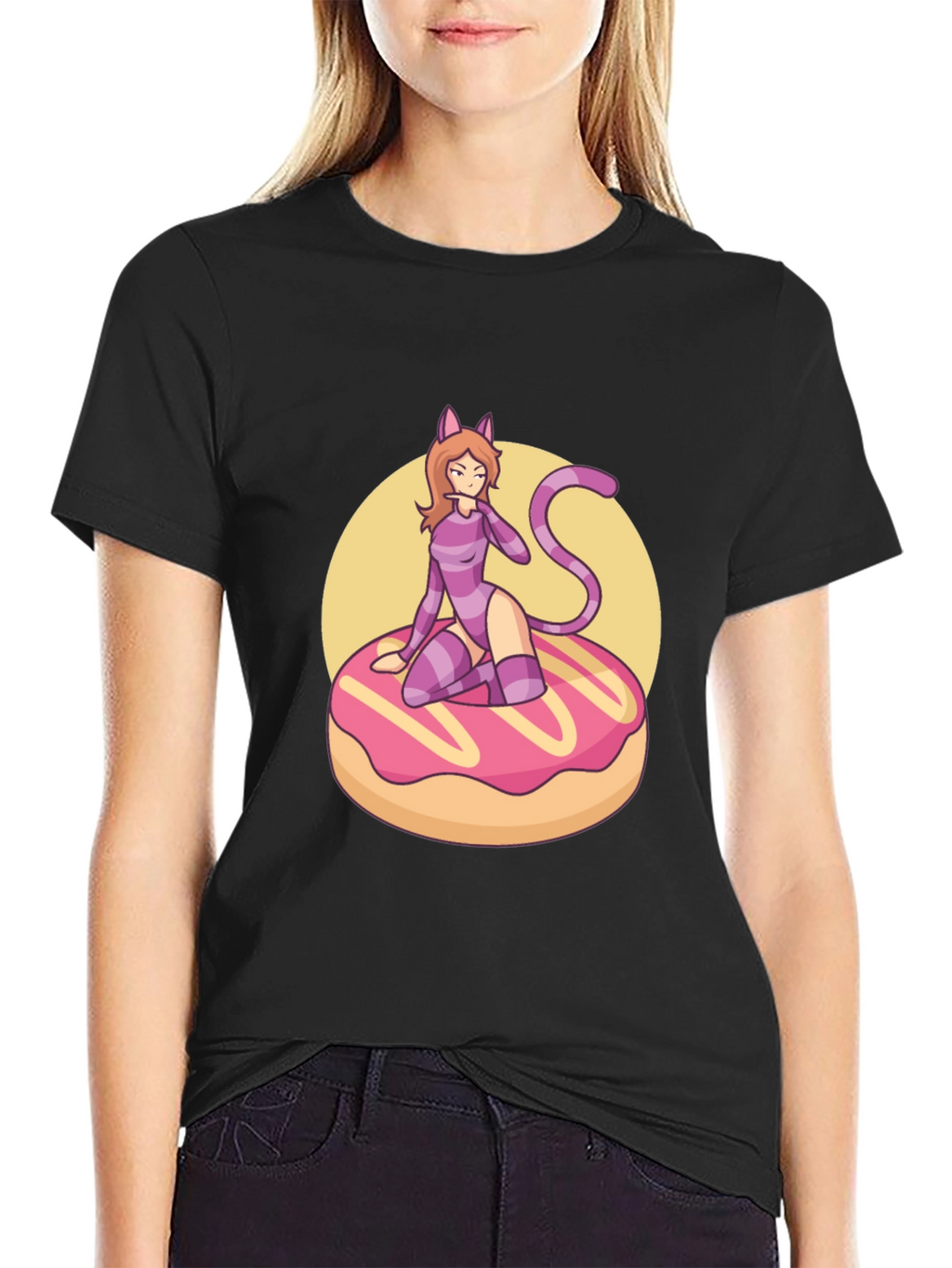 Black T-Shirt with Cat Girl on Donut Design