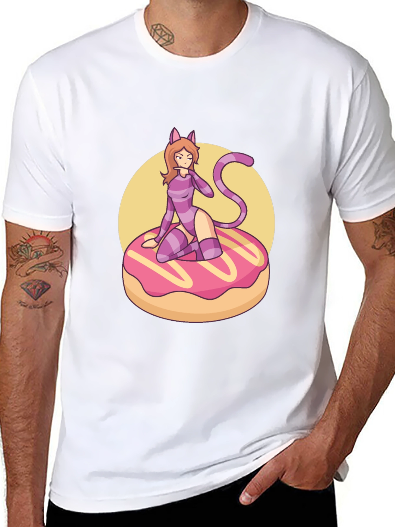 Black T-Shirt with Cat Girl on Donut Design