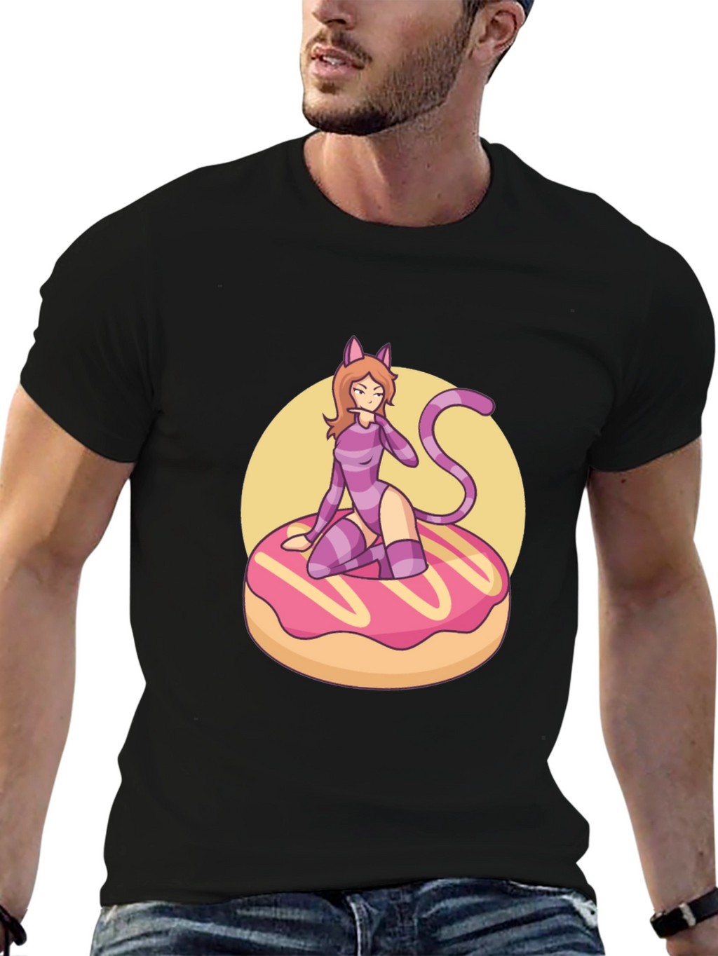 Black T-Shirt with Cat Girl on Donut Design