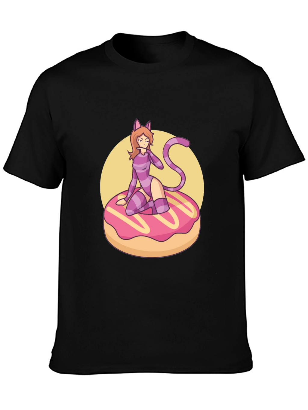 Black T-Shirt with Cat Girl on Donut Design