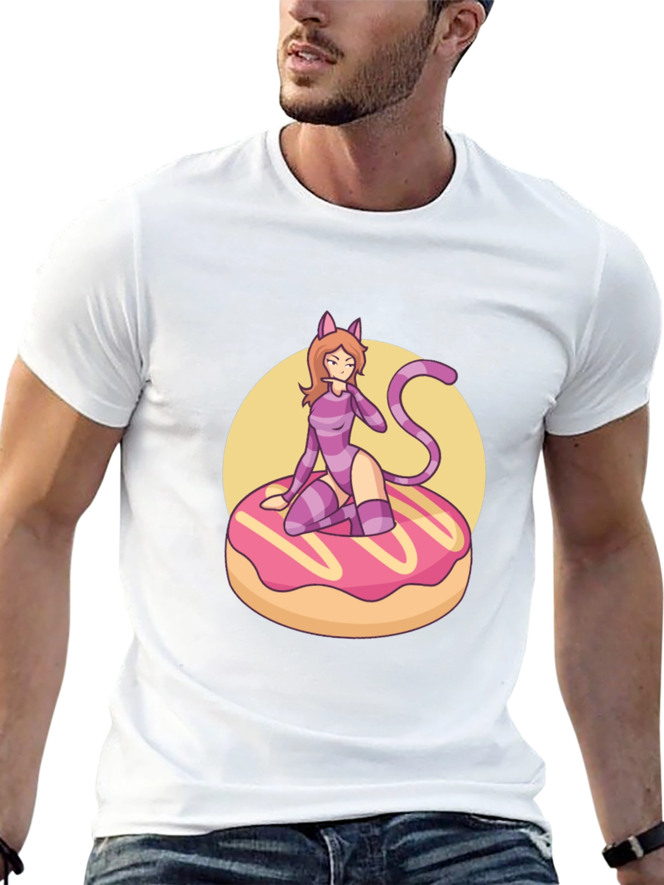 Black T-Shirt with Cat Girl on Donut Design