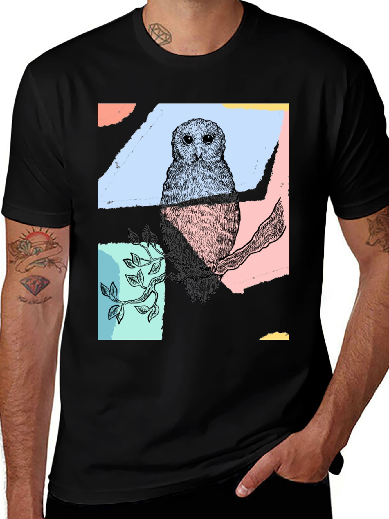 Abstract Owl Print Black T-Shirt
