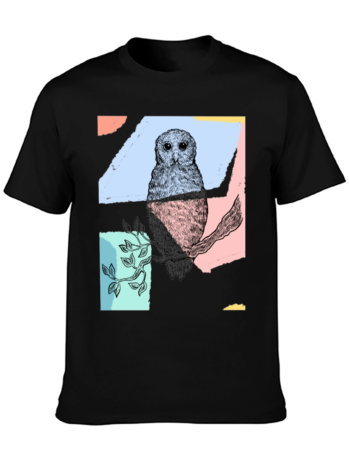 Abstract Owl Print Black T-Shirt