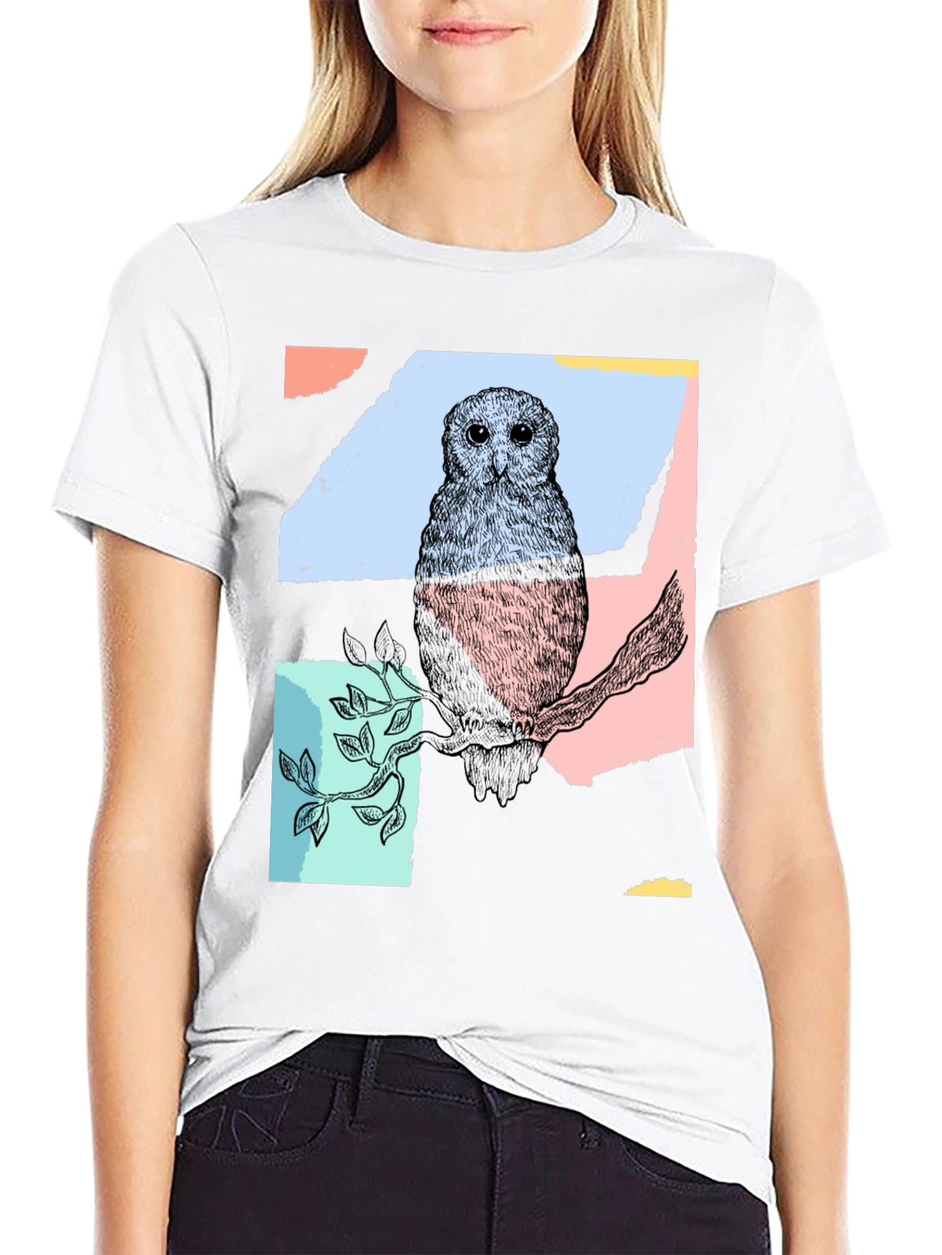 Abstract Owl Print Black T-Shirt