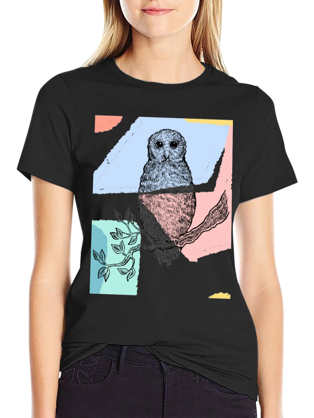 Abstract Owl Print Black T-Shirt