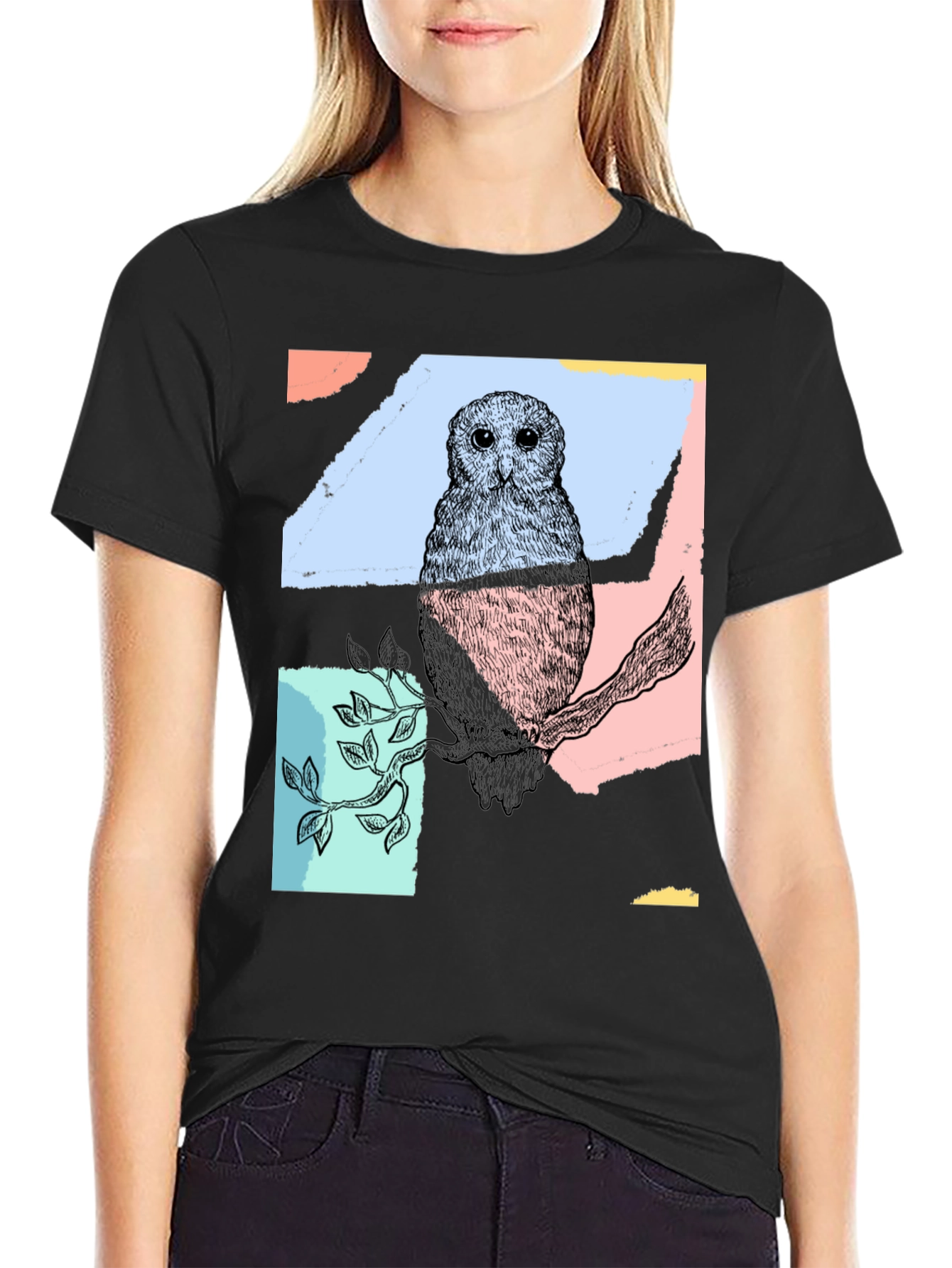 Abstract Owl Print Black T-Shirt