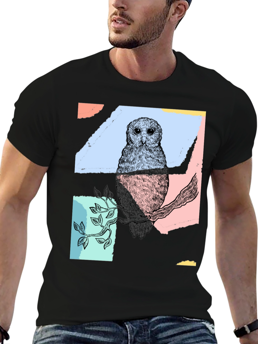 Abstract Owl Print Black T-Shirt