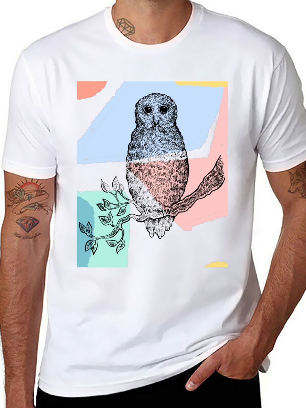 Abstract Owl Print Black T-Shirt