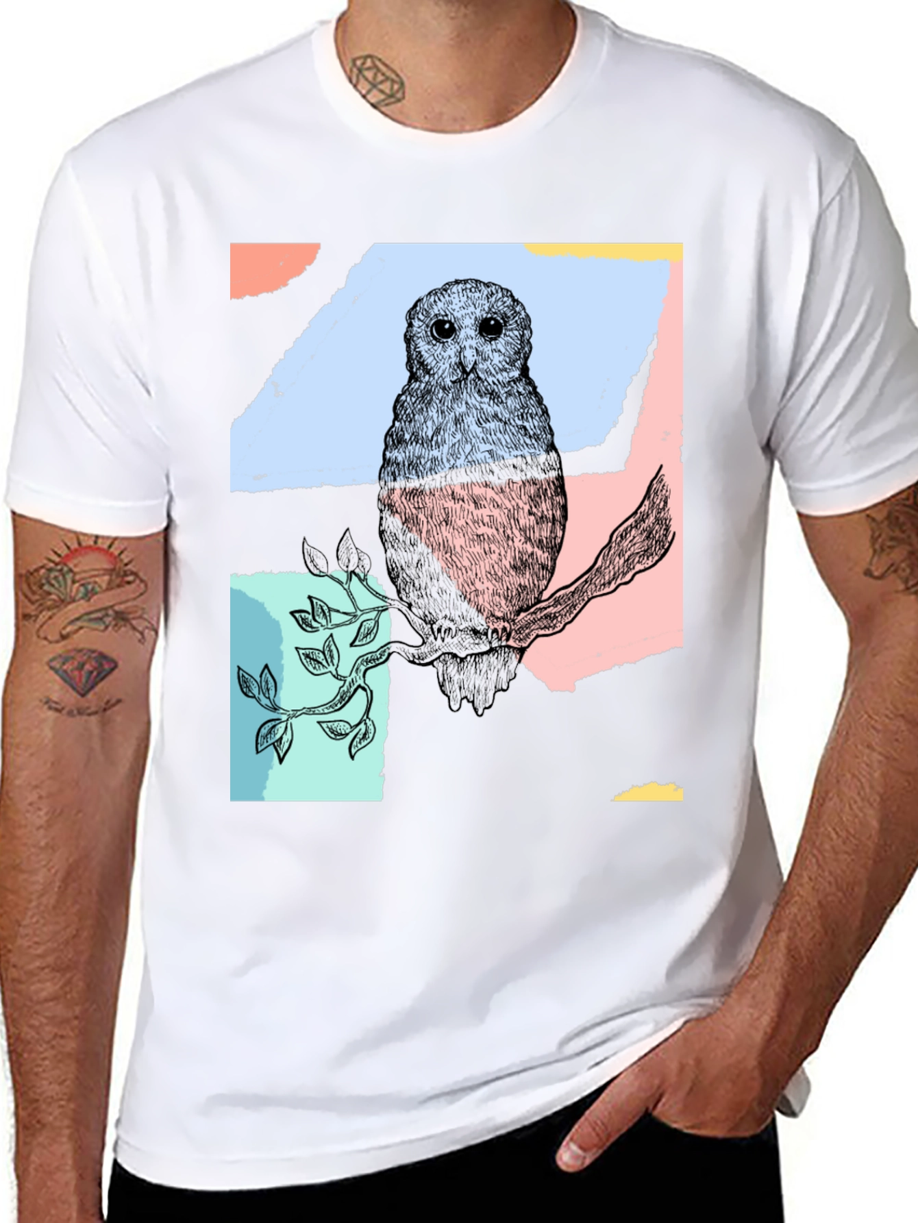 Abstract Owl Print Black T-Shirt