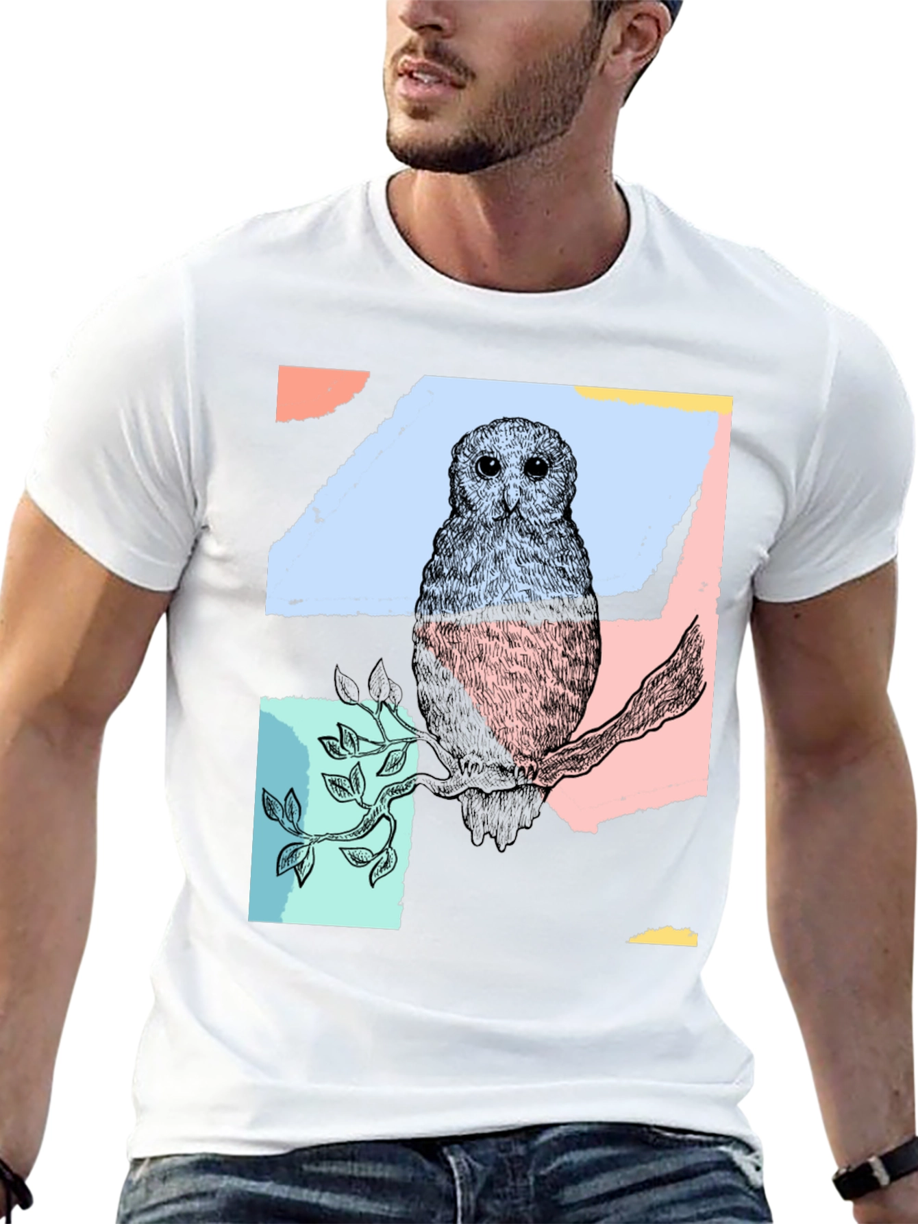 Abstract Owl Print Black T-Shirt