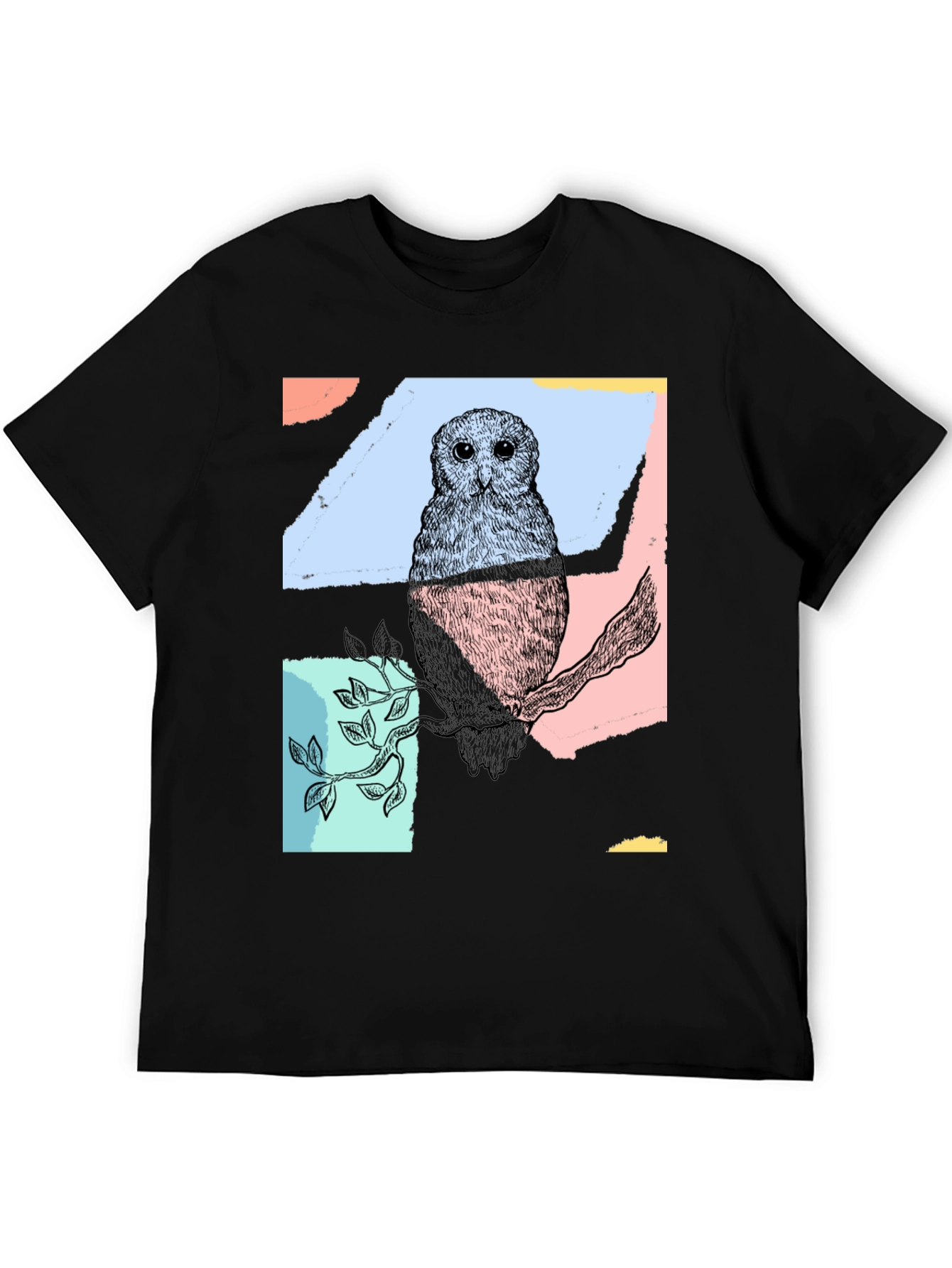 Abstract Owl Print Black T-Shirt