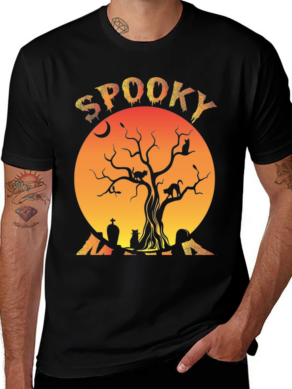 Spooky Halloween Tree Cats Graphic T-Shirt