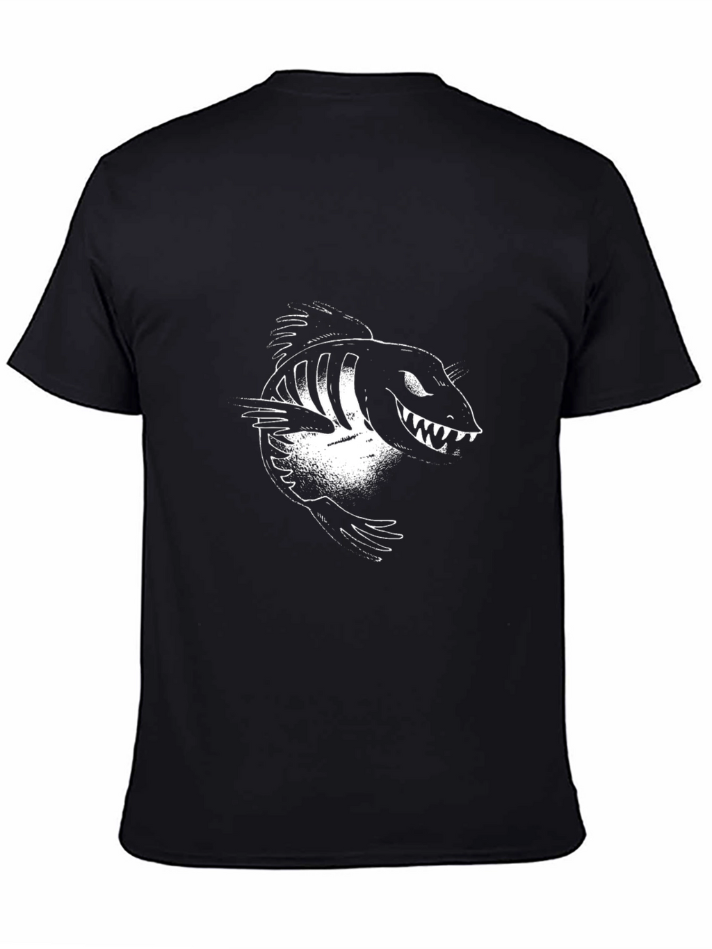 Mens Black Graphic Tee - Cartoon Fish Skeleton