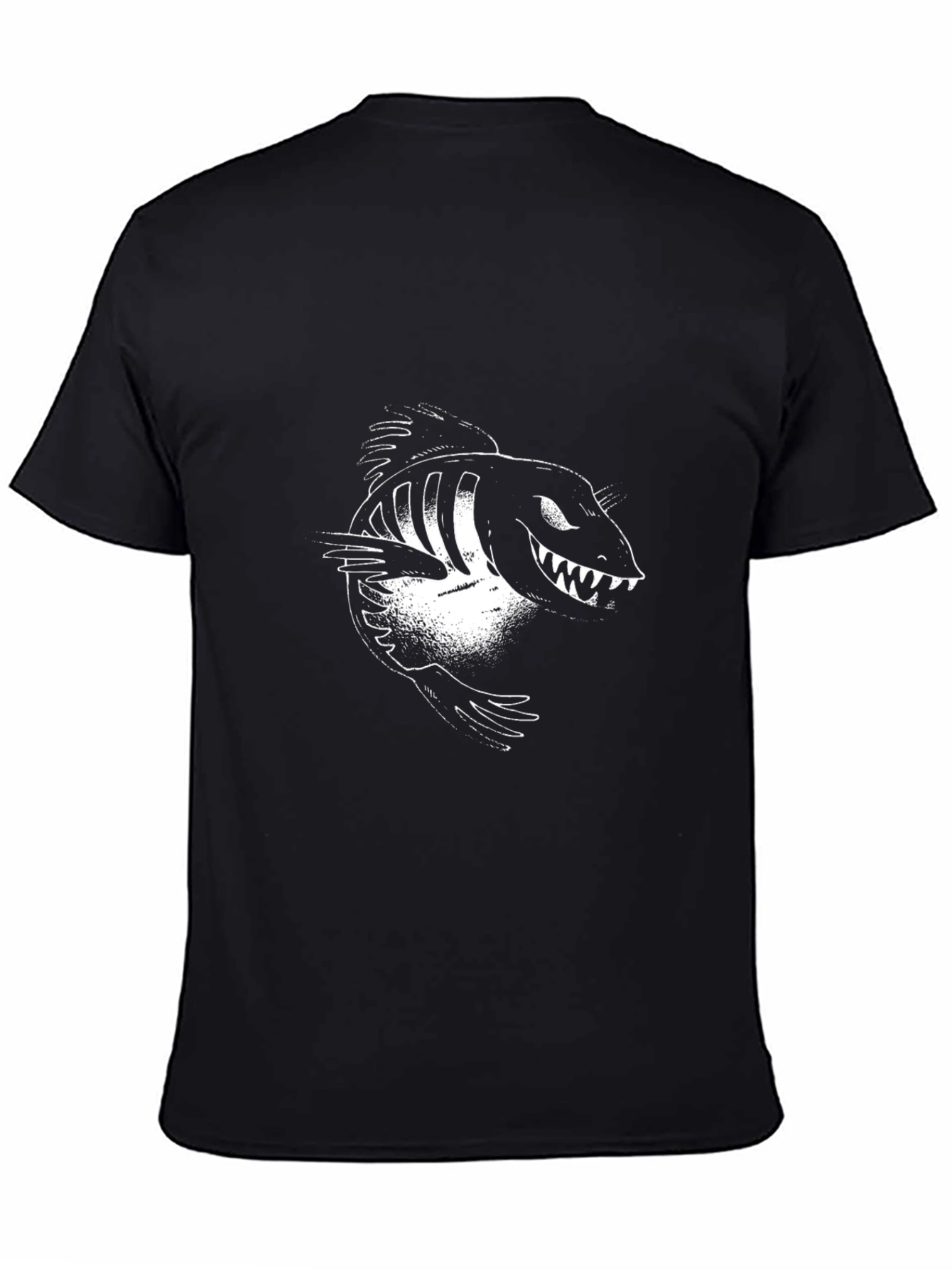 Mens Black Graphic Tee - Cartoon Fish Skeleton