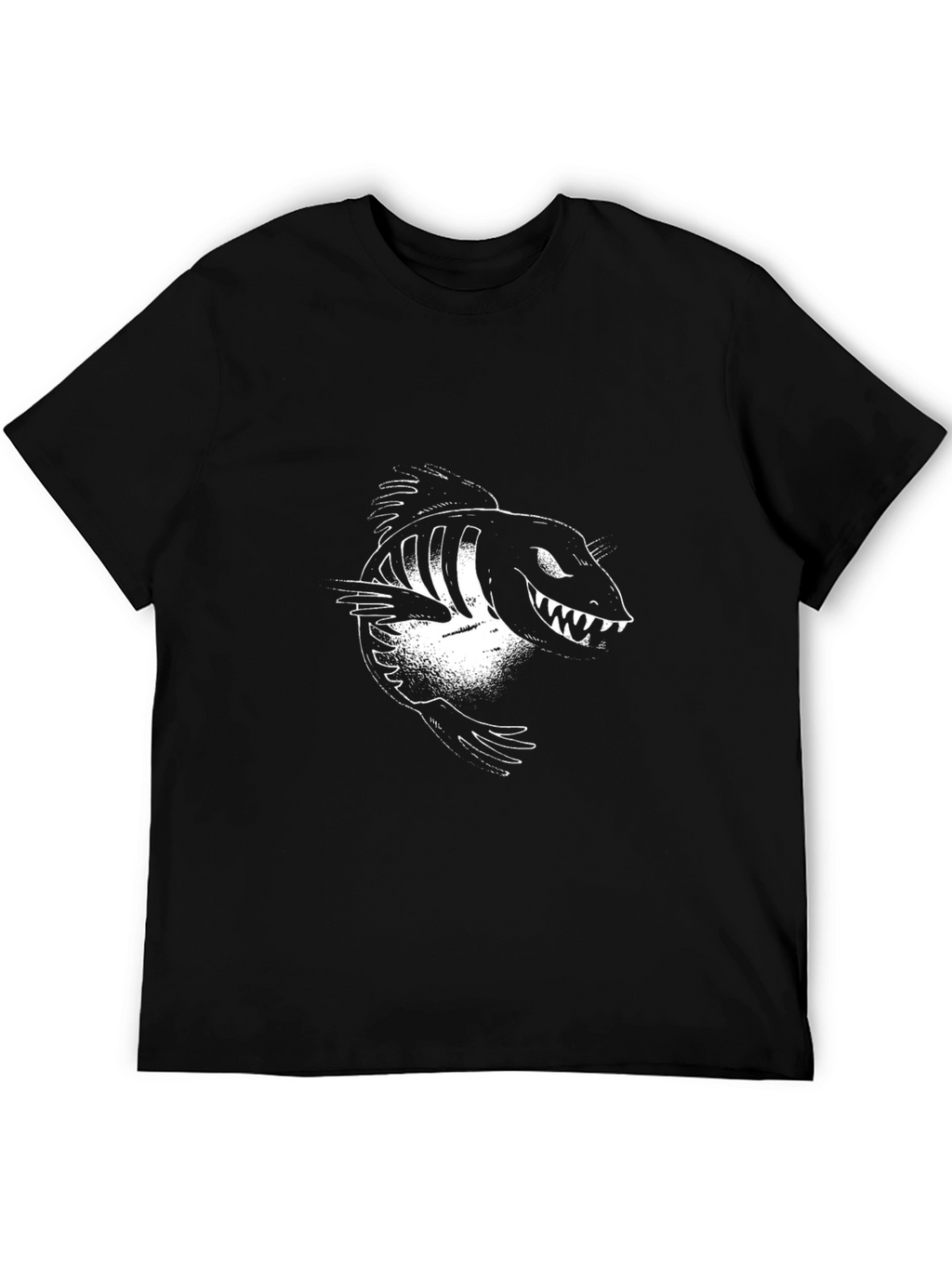 Mens Black Graphic Tee - Cartoon Fish Skeleton